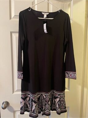 White House Black Market Black Long-Sleeve Dress with Paisley Trim